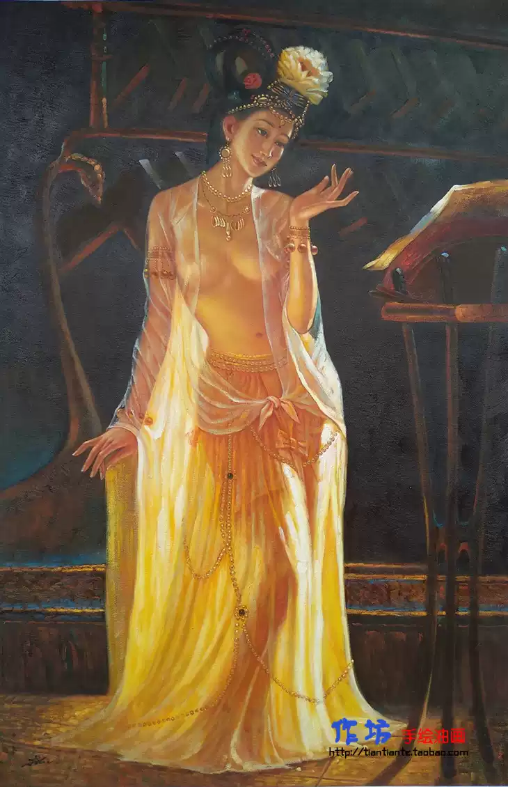 手绘陈逸飞油画古典仕女挂画五美奏乐简约现代风格无框布画