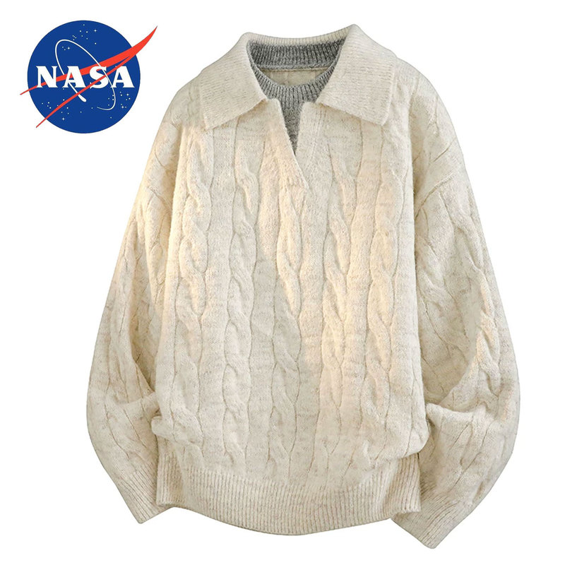 Nasa Old Money Style Sweater for Men and Women 2026 Autumn and Winter Fake Two-Piece Cable Knit V-Neck Relaxed and Lazy Style Knitwear