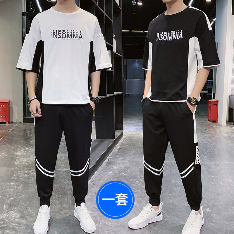 Fugui bird pure cotton short sleeve T-shirt male suit 2020 Summer new men's 100 ride-hailing sports casual two-piece tide