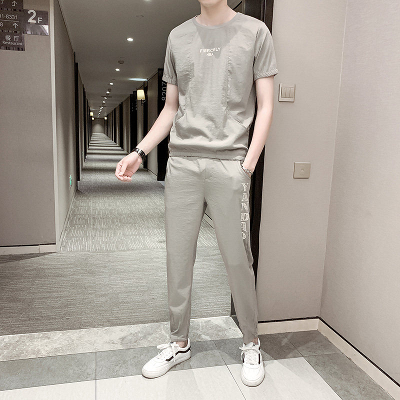 Fugui bird summer ice silk short sleeve T-shirt men's 2022 new trend men's suit sports casual two-piece men's clothing