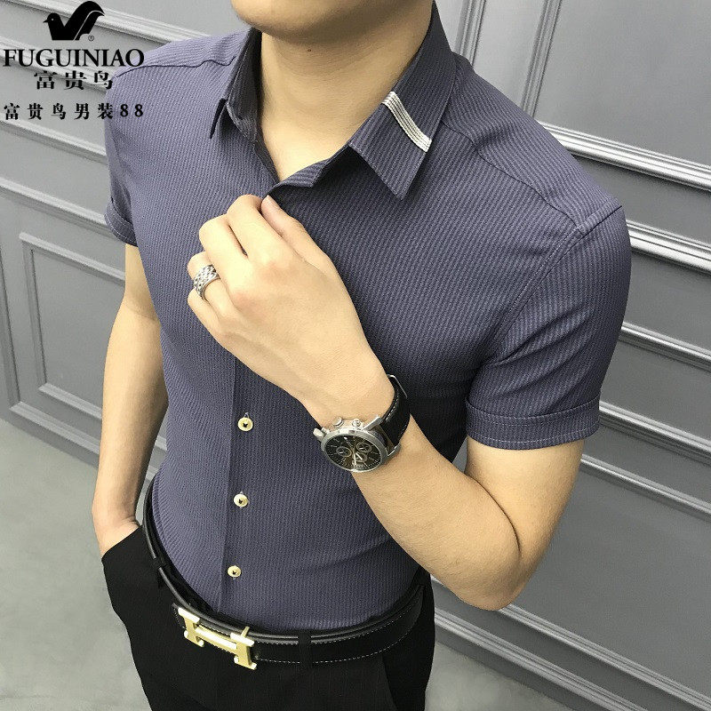 Rich Gui Bird Summer Short Sleeve Shirt Men's Body Youth Handsome Air Striped Korean Version Half Sleeve Shirt Male Trend Free of ironing