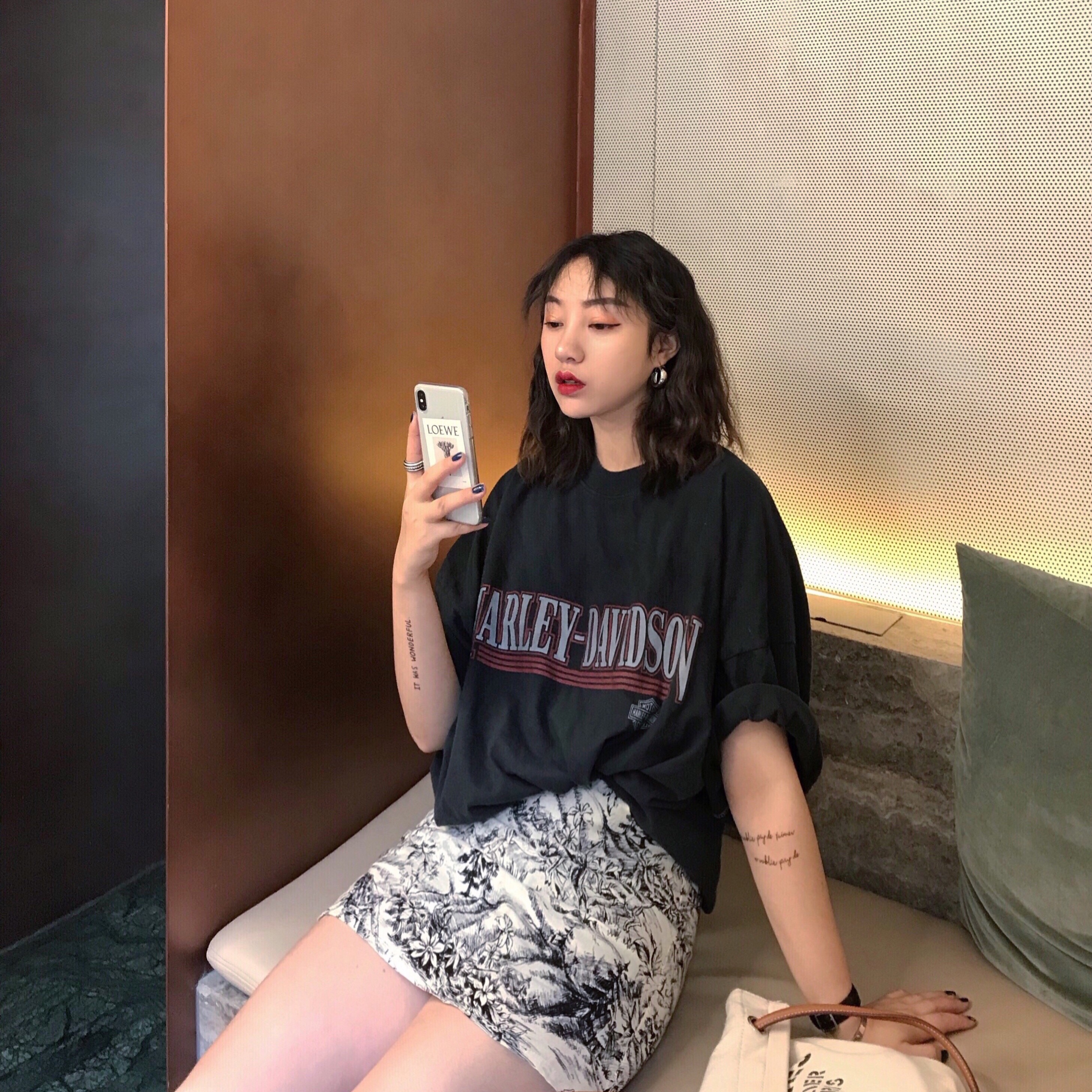 Keiko s sành điệu độc đáo eo cao Một chữ hoang dã vẽ mực váy ngắn mùa hè nữ - Váy chân váy cho người béo