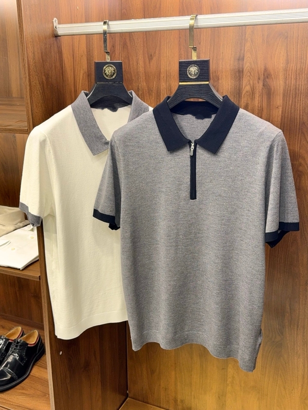 Men's Short-Sleeved Polo Shirt with Wool-Containing Imported Yarn, Yarn-Dyed Jacquard, Pique Mesh Stitch, Zipper, and Turn-Down Collar