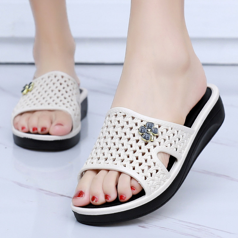 Slippers Women Summer Middle Heel Wear Thick Bottom Casual Home Non-slip Soft Bottom 100 Lapped Flat Bottom Bath Lady Cool Slippers-Taobao