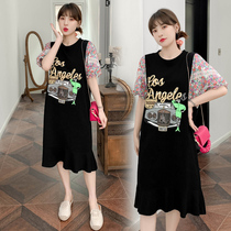2021 Summer Net Red Maternity Dress Loose Casual Dress Mid-length Large Size Slim Floral Stitching T-Shirt