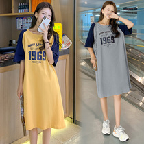 Maternity wear summer cotton T-shirt top mid-length fashion loose casual letter printing late pregnancy dress