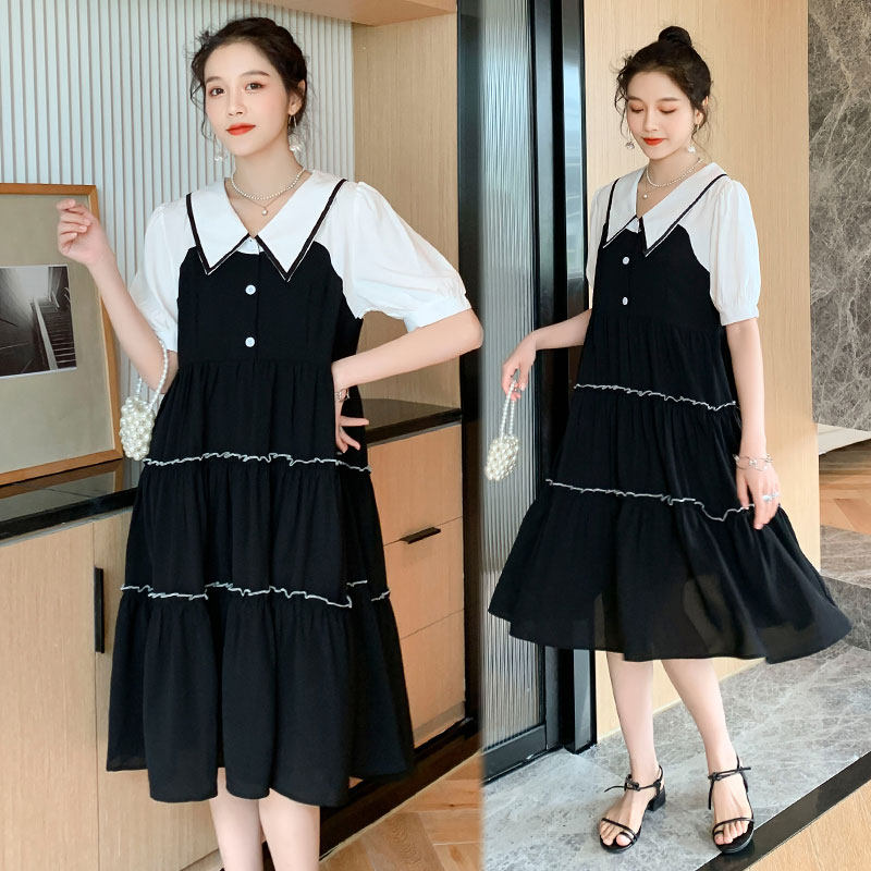 Summer maternity dress doll collar dress mid-length fashion trendy mom net red late pregnancy spring short-sleeved top