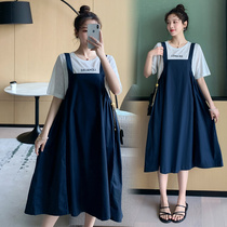 Summer Maternity Dress Loose Casual Strap Dress Mid-length Pregnancy Fashion Western Style Summer Fat MM Two-piece Set