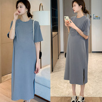 Maternity wear summer ice silk knitted dress mid-length fashion trendy mother late pregnancy loose and thin summer top