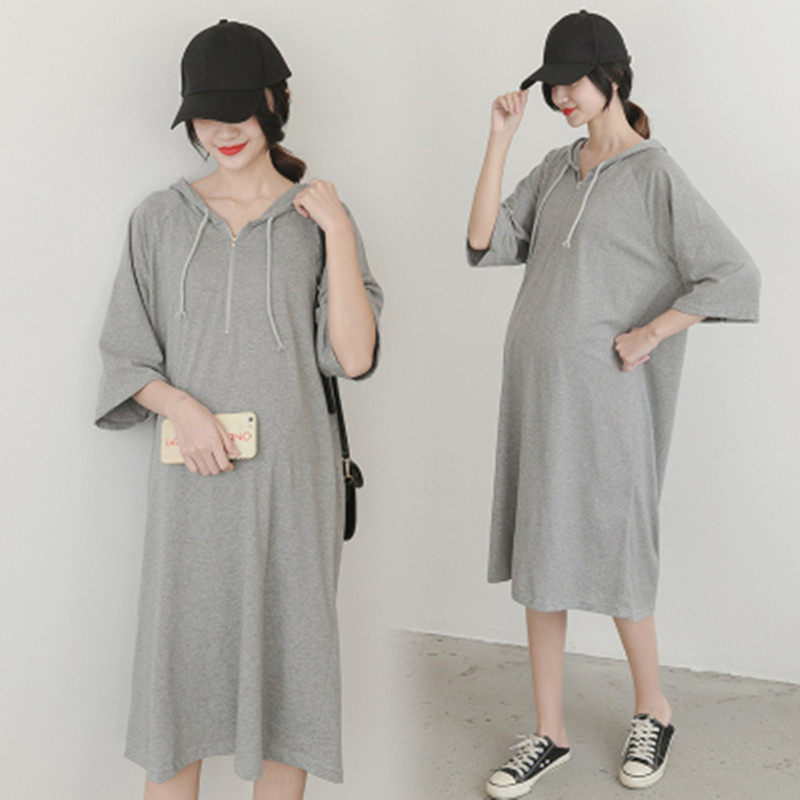 2021 summer maternity wear casual hooded short-sleeved dress mid-length version late pregnancy fat MM loose belly cover sweater