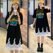 Summer maternity dress Korean version of loose lace dress mid-length fat MM plus size 200 catties foreign style T-shirt top