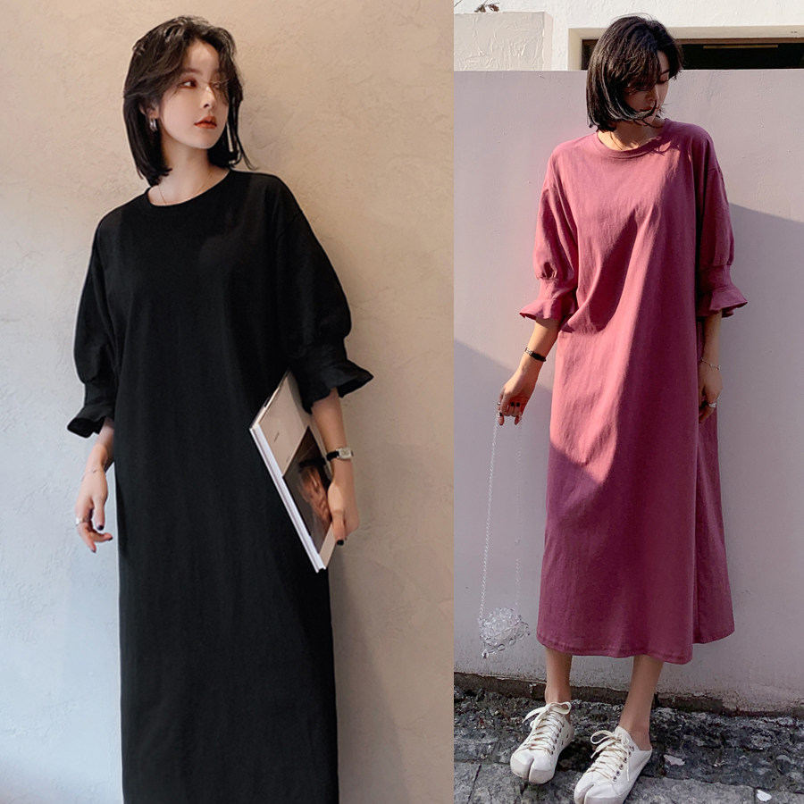 Summer maternity dress Korean version of casual trumpet sleeve dress long section over the knee loose and thin spring and autumn fat MM sweater dress