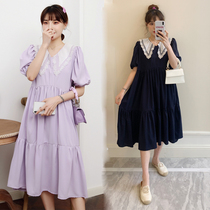 Pregnant women summer net red doll collar dress long pregnancy late fat MM loose and thin 200 pounds