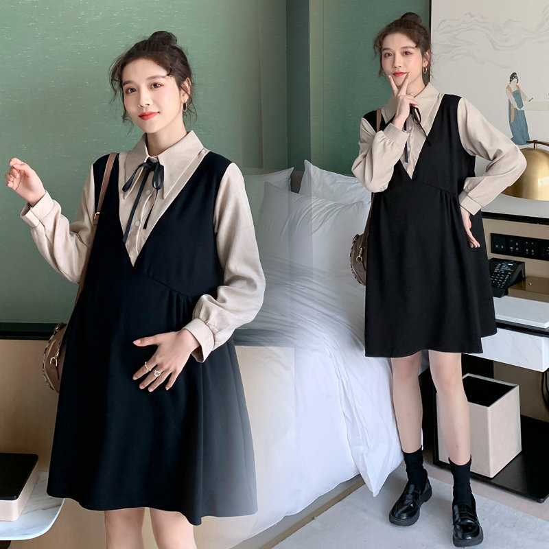 Spring and Autumn Pregnant Women Fake Two Pieces of Dress in Long Fashion Small Fashion Small Best Set in Late Pregnancy