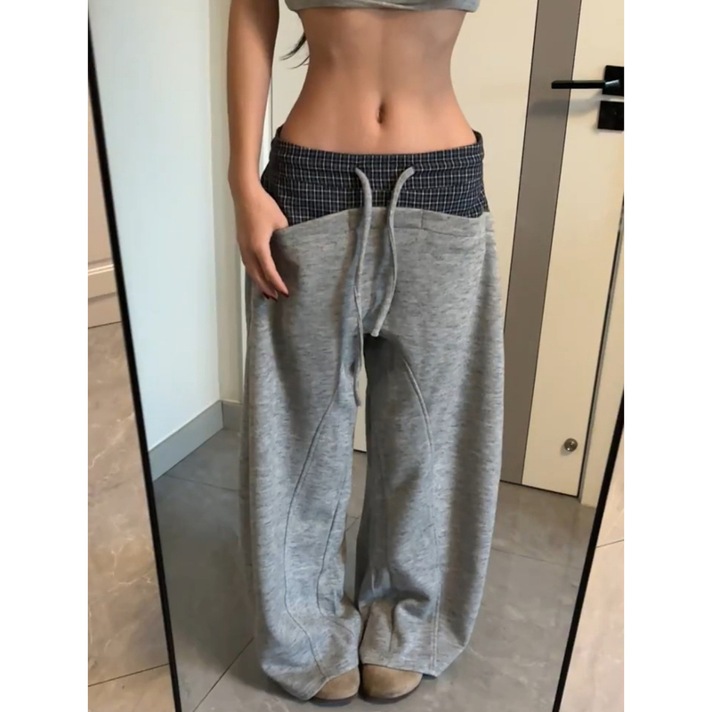 Plus-Size American Retro Drawstring Plaid Patchwork Casual Pants for Women, 2026 New Style, Loose Irregular Wide-Leg Floor-Length Pants