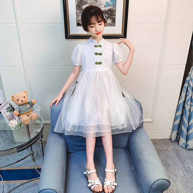 Girl Foreign Dress Chinese Wind Summer New Retro Style Art Little Girl Flag Gown Lace Streaming Su Princess Dress