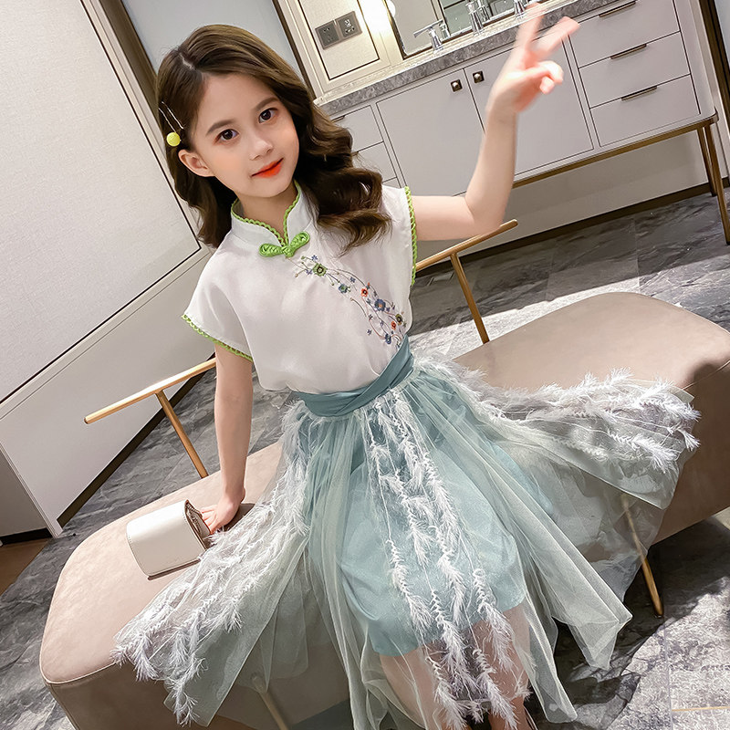 Girl's ancient wind Han clothes Xia dress new Chinese wind performance clothes little girl qipao Improved embroidery blouses net yarn dress