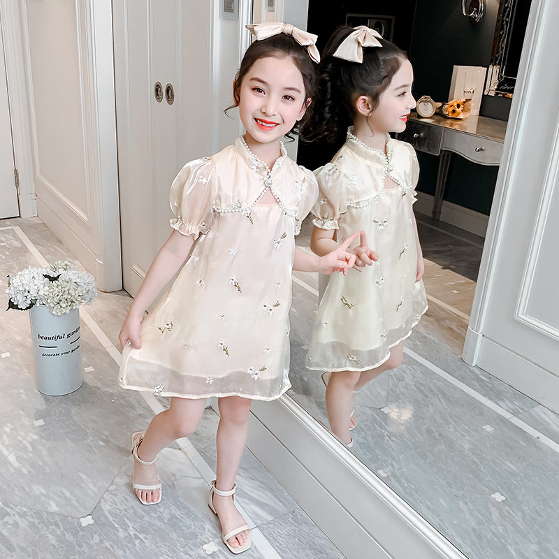 Girls dress in summer 2021 new Chinese pearl lady princess dress girl's national wind gown