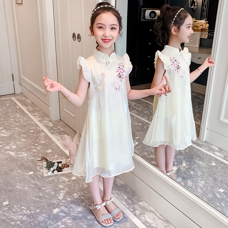 Girls dress summer 2021 new Chinese style twilight cloud gauze skirt little girl embroidered cheongsam skirt princess skirt