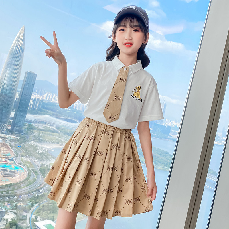 Girl Suit Dress Summer Dress 2021 New Foreign Pie Mesh Red Little Girl Tide College Wind Short Sleeve Plexus two sets