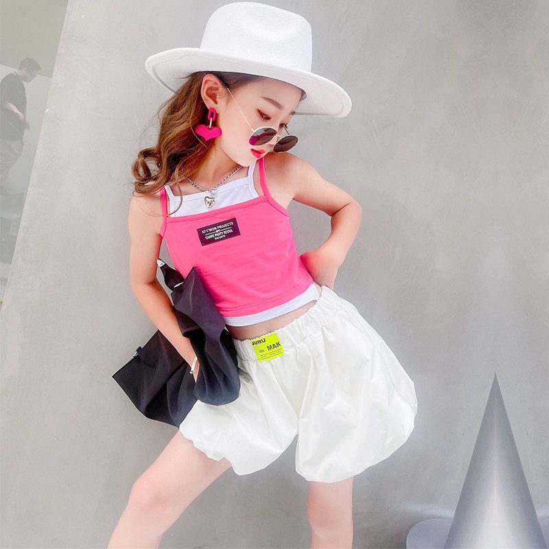 Girls Summer Vest Set Han Pie Fashion Suite Kids Clothes Children's Flower Lamps Shorts Two Pieces