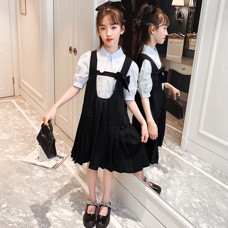 Girl Ocean Dress Suit Summer 2021 New Fashion Little Girl Tide College Wind Shirts Heckles two sets