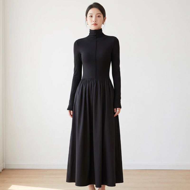 New Autumn Fashion Women's French Hepburn Style Half-High Collar Long-Sleeve Dress, Elegant and Slimming Little Black Dress New Autumn Fashion Women's French Hepburn Style Half-High Collar Long-Sleeve Dress, Elegant and Slimming Little Black Dress