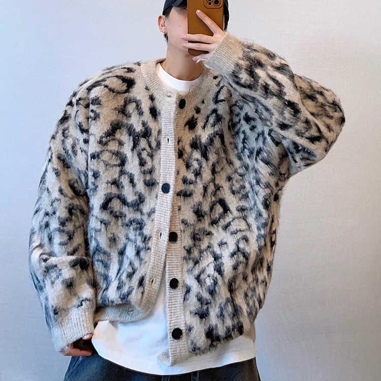 Autumn and Winter New American Retro Style Handsome Brushed Leopard Print Cardigan Sweater Unisex Casual Loose Knitwear Jacket Trendy