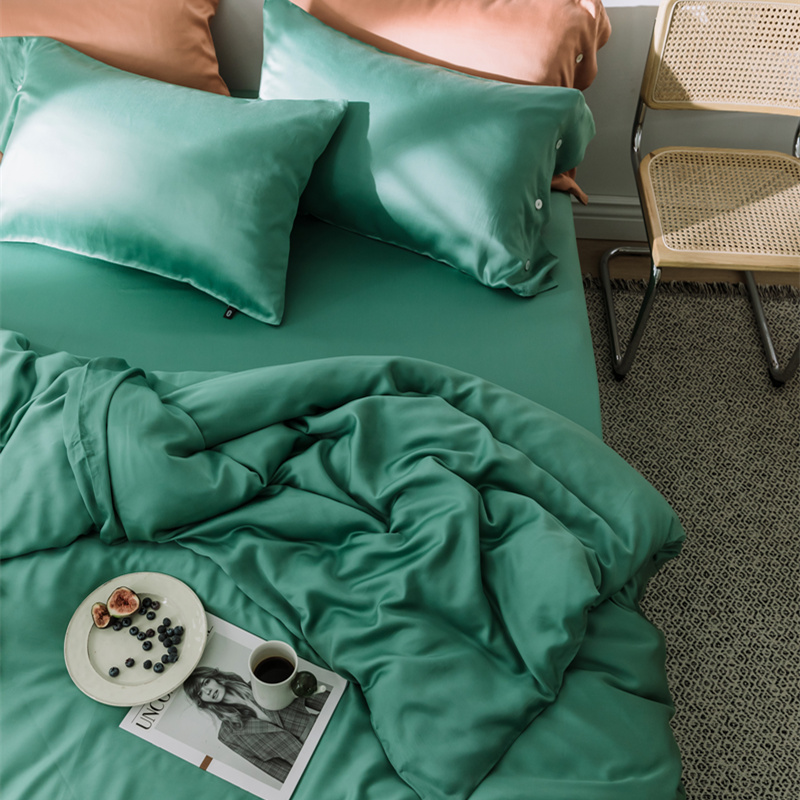 European style 60 double-sided Tencel four-piece ice silk quilt cover silky double bed simple color 1 8m bedding