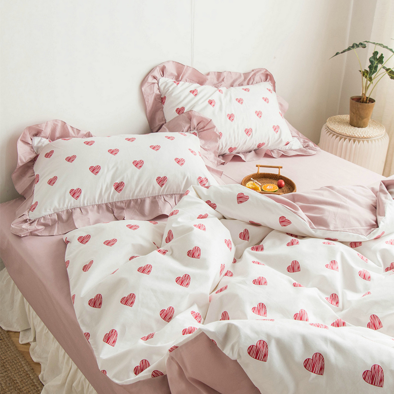 Korean version of love All cotton Four sets of cute pure cotton linen beds Princess Wind Dormitory Three 4 pieces Beds Bedding
