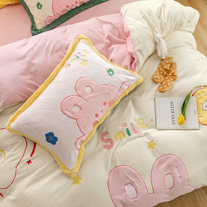 Thickened Embroidery Small Rabbit milk suede Four sets Cartoon Winter Baby Suede Bed with Cute Warm Bed