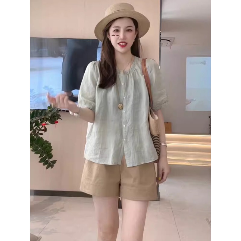 Cotton and Linen Shirt Women's Short-Sleeved Summer High-End Breathable Beautiful Top That Covers the Flesh, Chic and Beautiful Ramie Shirt Cotton and Linen Shirt Women's Short-Sleeved Summer High-End Breathable Beautiful Top That Covers the Flesh, Chic and Beautiful Ramie Shirt
