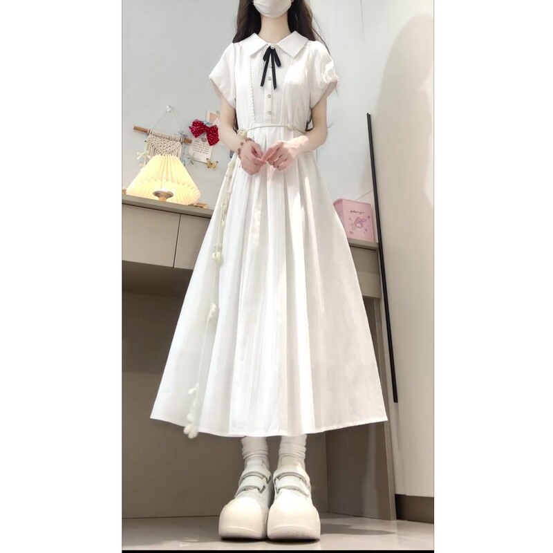 Polo Collar Shirt White Dress for Girls, Plus-Size Children, Summer Niche Design, Waist-Cinching, Elegant A-Line Long Dress Polo Collar Shirt White Dress for Girls, Plus-Size Children, Summer Niche Design, Waist-Cinching, Elegant A-Line Long Dress