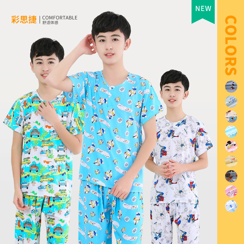 Boys and girls set pajamas for big children in summer artificial cotton cotton silk short-sleeved mid-pants home clothes loose thin section cotton silk