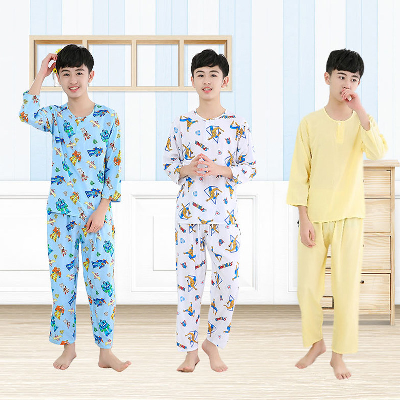 Children's cotton silk pajamas men's suit spring and summer big children's cotton silk long-sleeved trousers loose thin section teenager cartoon pajamas