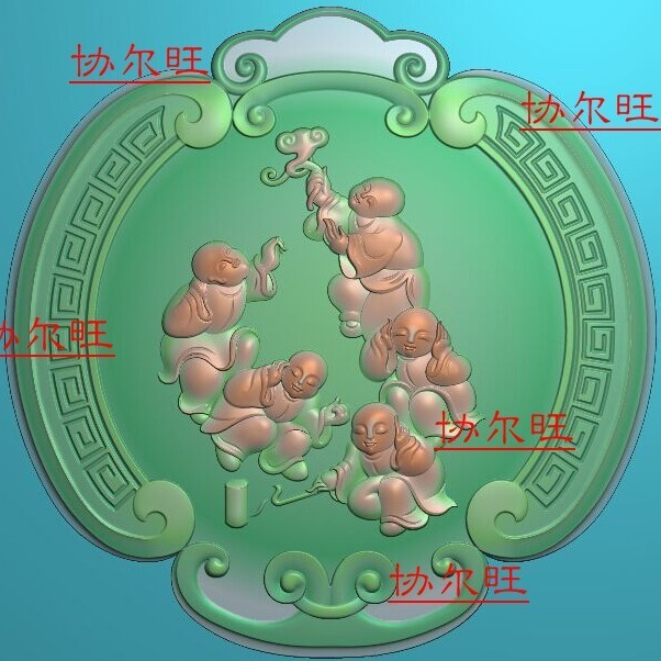 Five children with fine sculptures jdp relief grayscale picture bmp round card computer jade carved back tattooy bamboo newspaper Ping An Five children