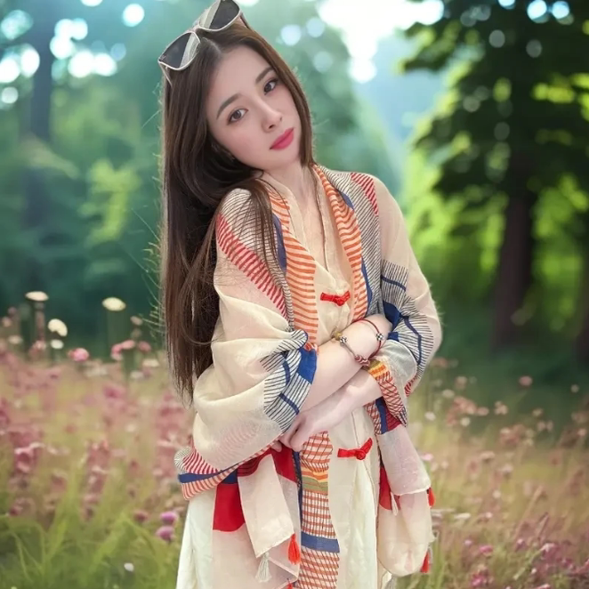 2025 Spring and Summer New Ethnic Style Shawl Women's Easiest for Match Western Style Thin Sunscreen Travel Photography Beach Gauze Outerwear