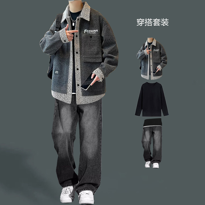 Autumn and Winter Patchwork Casual Lapel Jacket Men's Light Mature Suit Fashion Jacket Trendy Brand Paired with Jeans Set