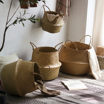 Nordic seagrass woven flower basket ins home living room piano leaf fig flower pot ornaments rattan basket decoration portable straw woven