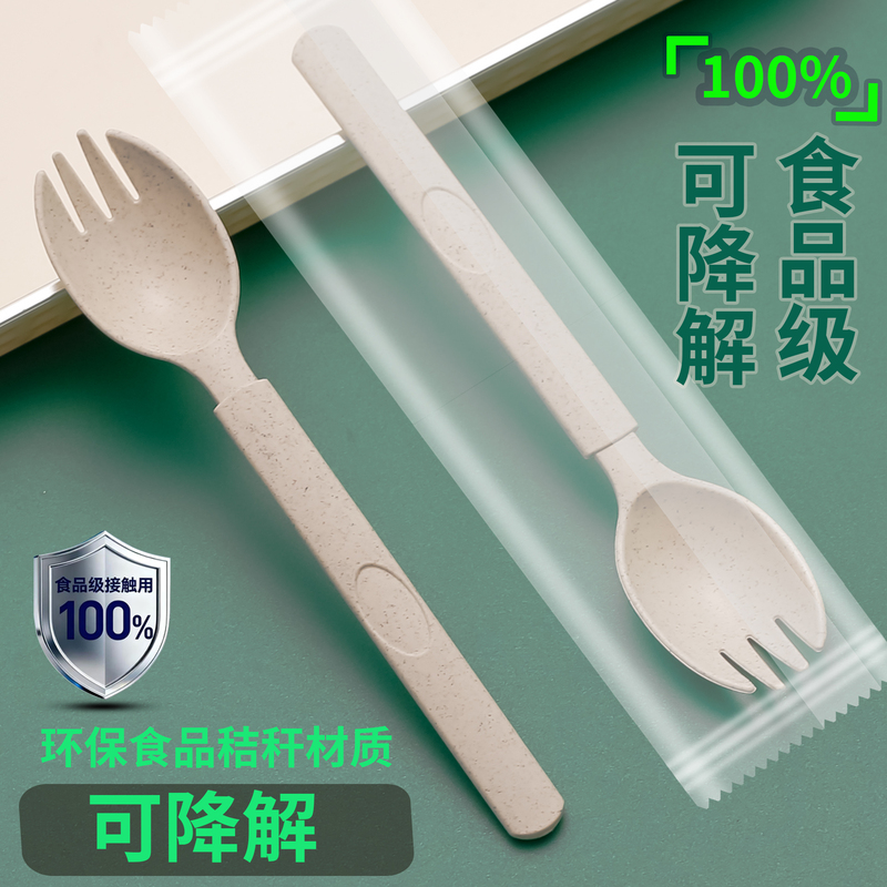 Disposable Biodegradable Spoon and Fork Made of Food-Grade Wheat Straw Material for Takeaway Pizza, Pasta, Fruit Salad Disposable Biodegradable Spoon and Fork Made of Food-Grade Wheat Straw Material for Takeaway Pizza, Pasta, Fruit Salad