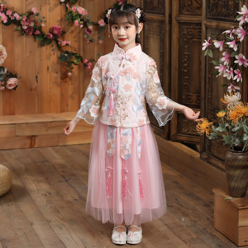 Children Handwear Girl Gutsuit Chinese Wind Chauffodian Long sleeves Cherry Blossom Princess Coat Wide Embroidered Spring Autumn Dress 2020 New