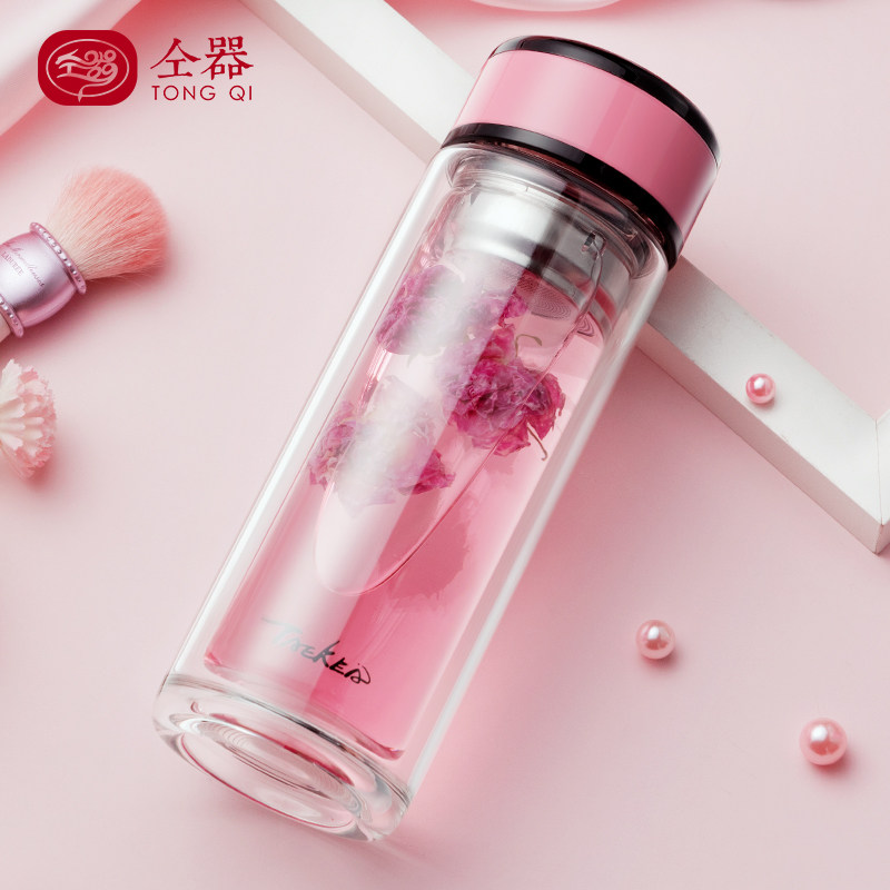 Water cup Women's double layer glass Fresh and simple Forest girl Portable cup Car leak-proof filter teacup with lid