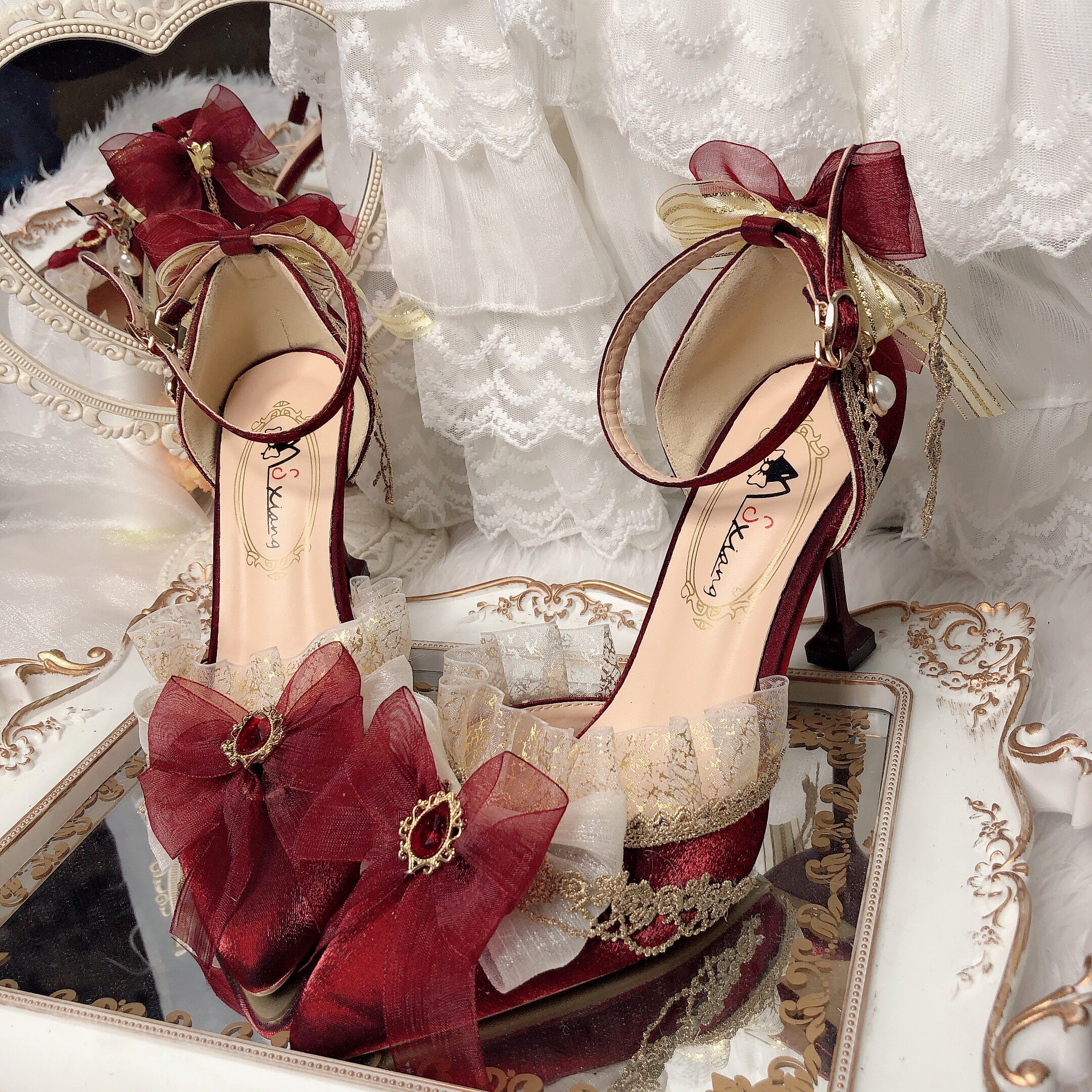Обувь 原创设计lolita手作太炎兽高跟鞋婚鞋中华风花嫁鞋酒红茶会尖头鞋 Original design