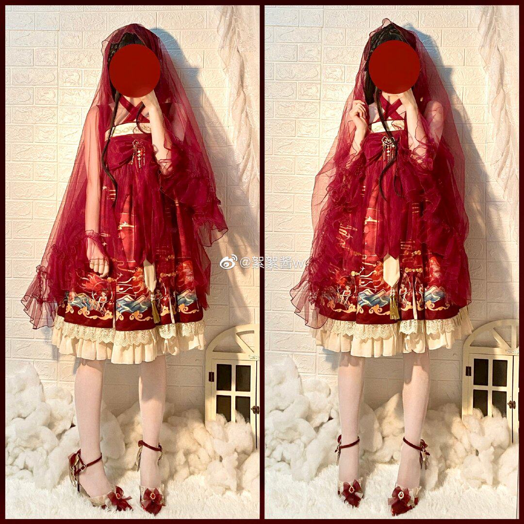 Обувь 原创设计lolita手作太炎兽高跟鞋婚鞋中华风花嫁鞋酒红茶会尖头鞋 Original design