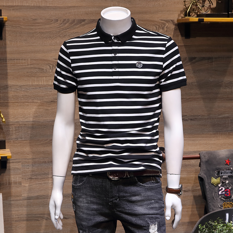 Business polo shirt male boomer 2022 Summer new Korean version Body Flap Striped Casual T-shirt Male Short Sleeve