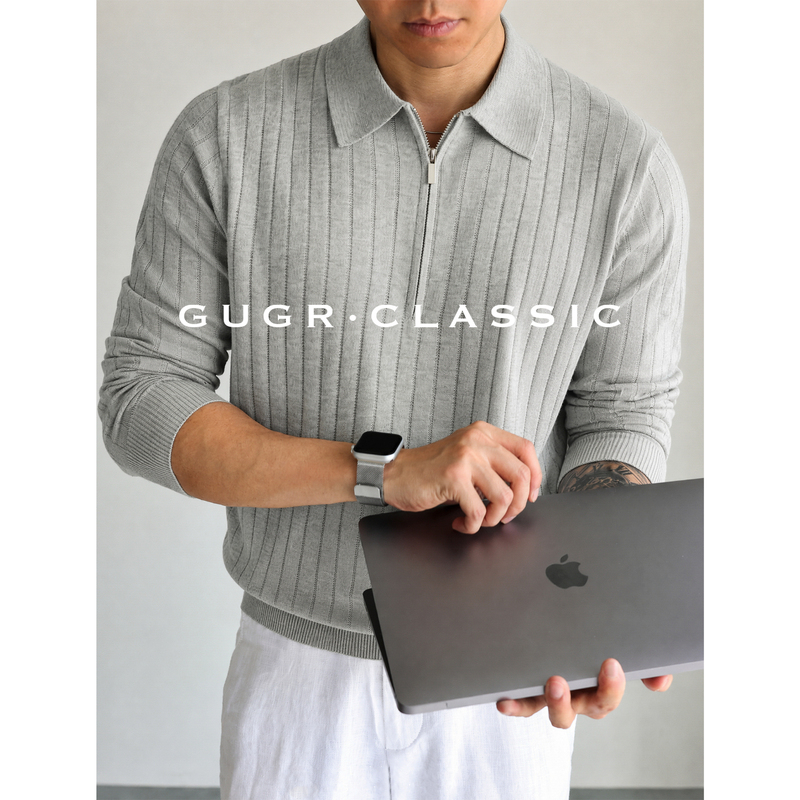 Gugr 14-Gauge Merino Wool and Mulberry Silk Half-Zip Long-Sleeve Polo Shirt for Men, Autumn Turn-Down Collar Knitwear T-Shirt