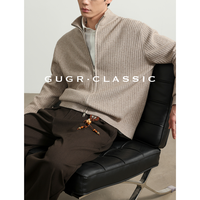Gugr【Vertical Ribbed】American-Style Cleanfit Double-Zip Cardigan Sweater for Men, New Autumn Knit Jacket