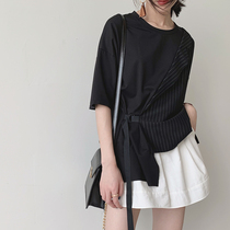 Warmo 2-color designer summer dress V-neck loose striped short-sleeved mid-length shirt shirt female casual T-shirt