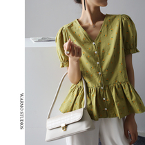 Warmo Hong Kong style retro V-neck floral waist western style top 2022 summer puff sleeve short-sleeved shirt fairy