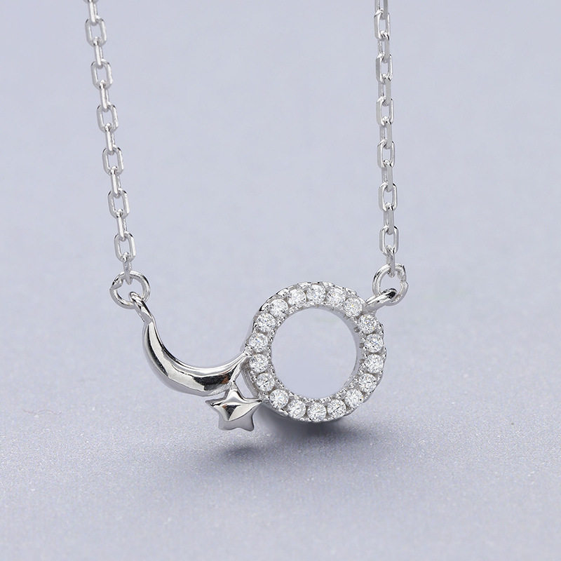 Pure Silver S925 Silver Star Moon Legends Sleeve Fashion Brief Little Frescoed Lady Necklace